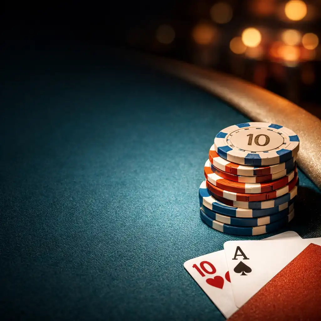 Close-up van een pokertafel met fiches en speelkaarten