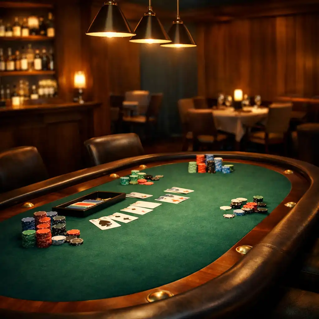 Sfeervolle poker room met professionele pokertafel, kaarten en fiches
